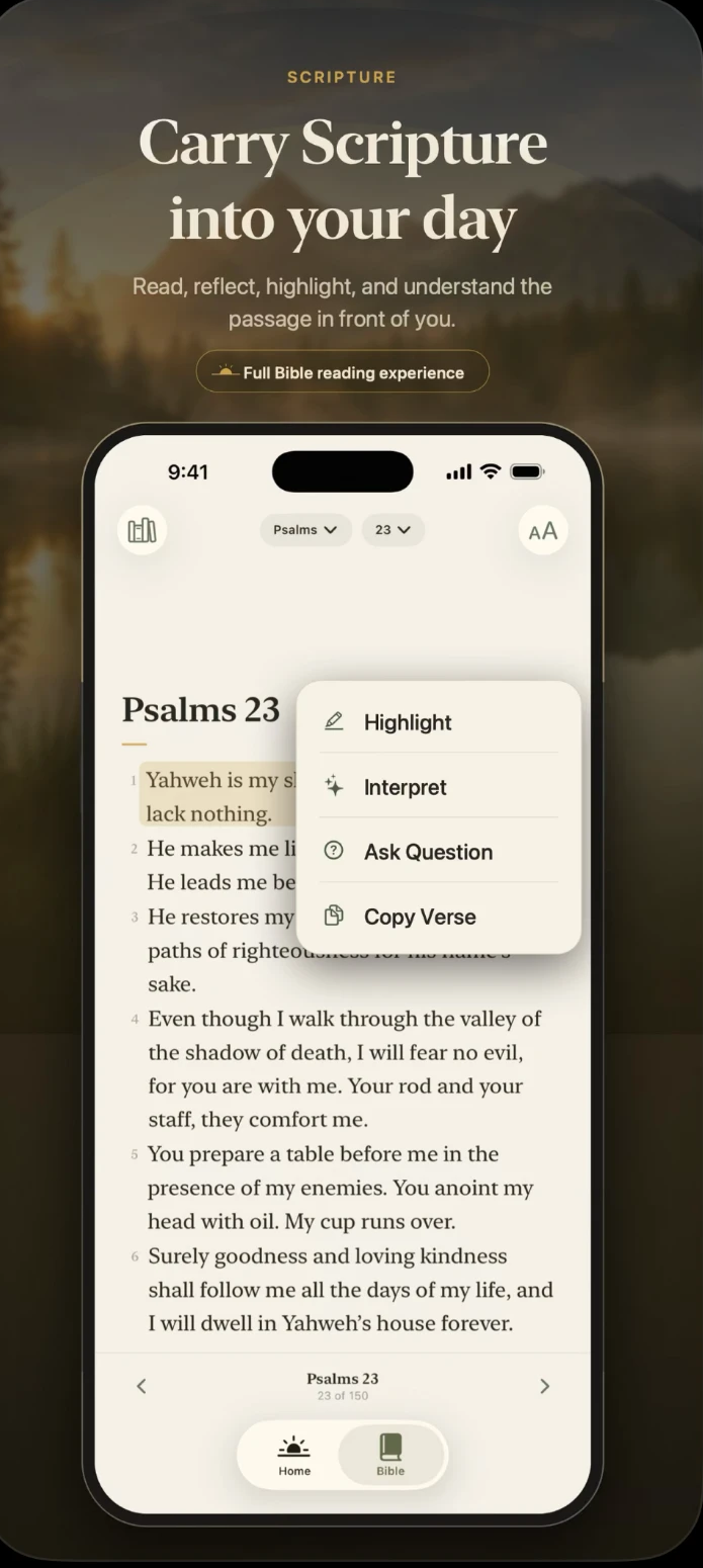 First Light Bible reader showing a passage with highlight and interpret options
