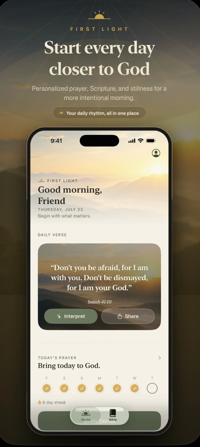 First Light home screen with today's verse and prayer