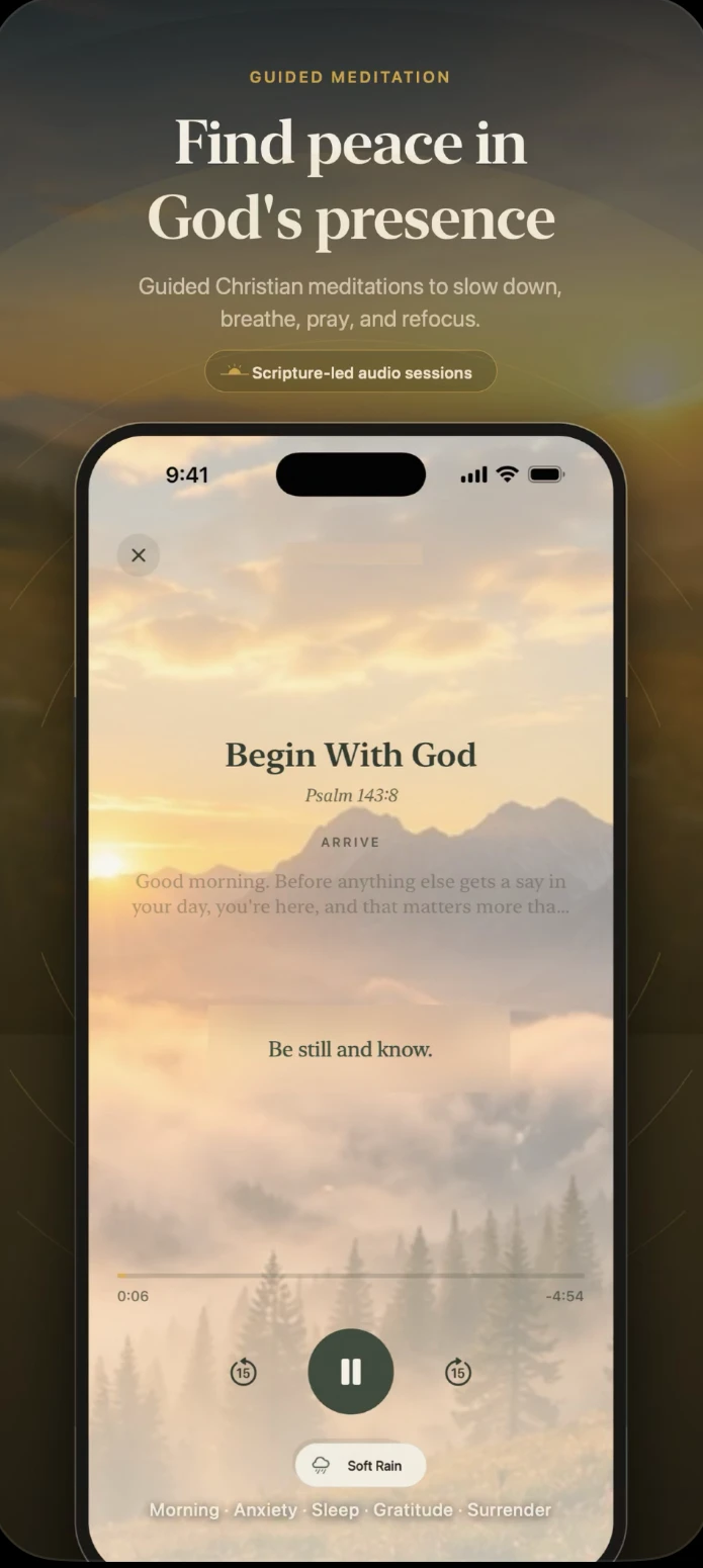 First Light guided meditation player over a sunrise landscape